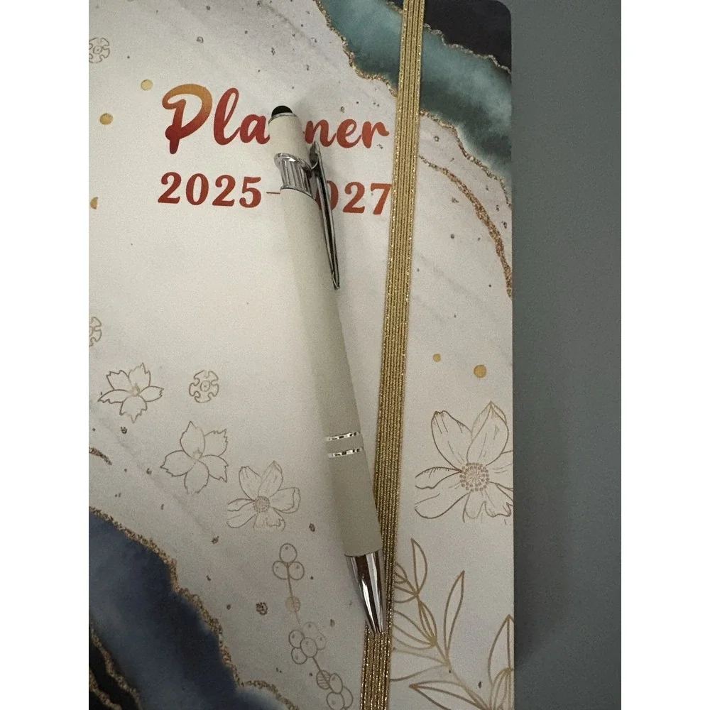 Planner Book 2025-2027 blue‎ gold white floral weekly planner calendar with pen